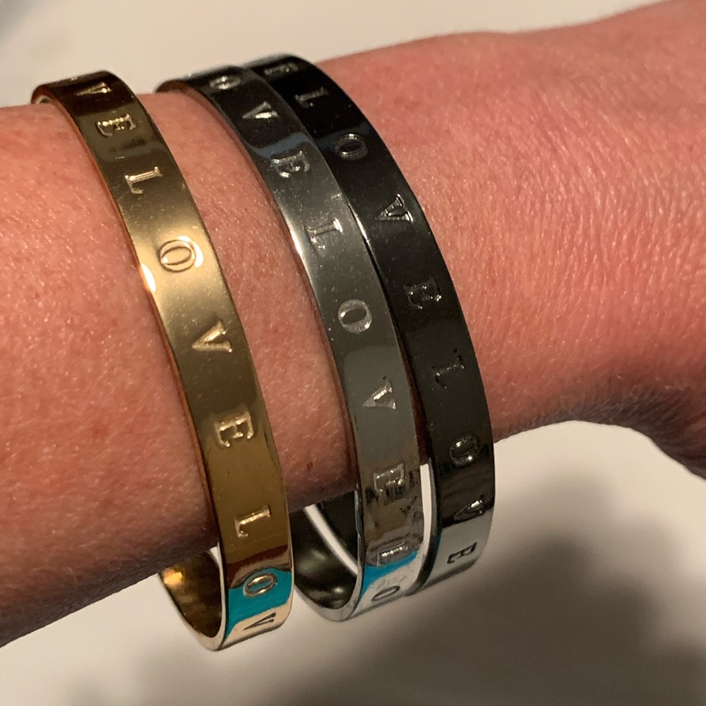 Gold, Silver, & Black/Grey Set of 3 ‘Love’ Bracelets